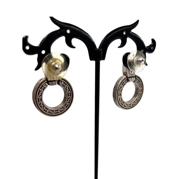 Vintage Sivertone Door Knocker Earrings Embossed 1 1/8" Drop Post Pierced - Picture 2 of 6